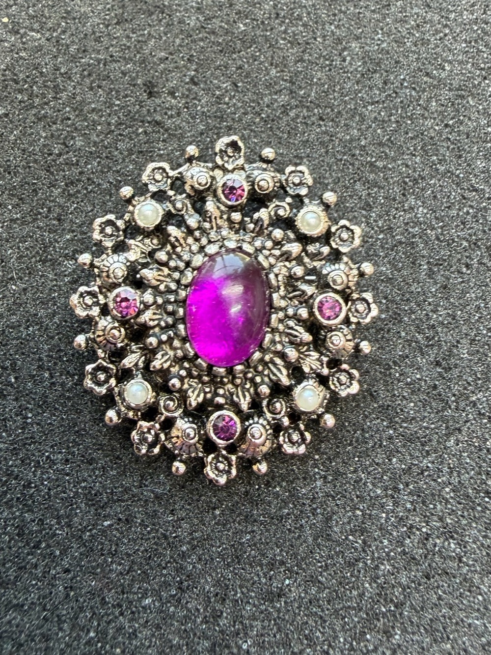 Vintage Sarah Coventry Silver Tone Faux Pearl And Purple Stone Pendant Brooch